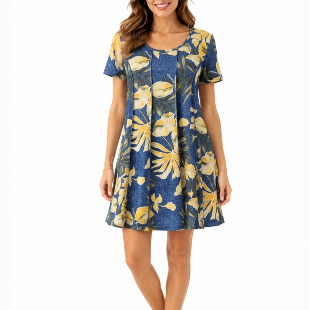 Sami & Jo Short-Sleeve Seamed Tropical A-Line Dress Size S